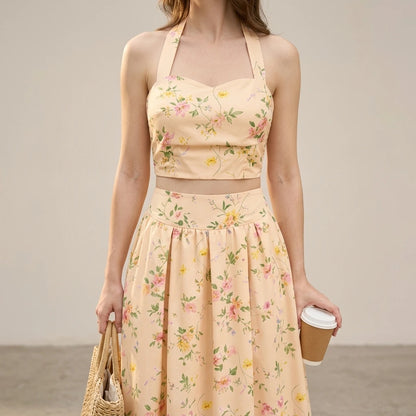 Effortless Floral Shirred Two Piece Skirt Set for Women Casual Daily Wear A-Line Elastic Waist Halter Sleeveless Midi Apricot Polyester Spring Summer — lifestyle