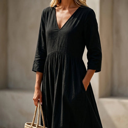 White Solid V-Neck Long Dress, Three-Quarter Sleeve Pullover, Elegant Polyester, Summer — lifestyle