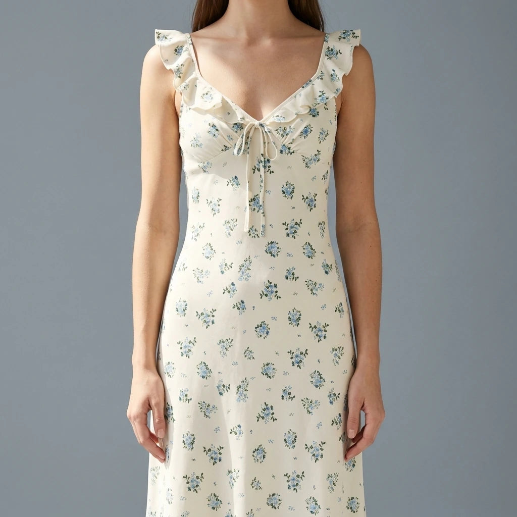 Holiday style floral ruffle edge sleeveless dress — lifestyle