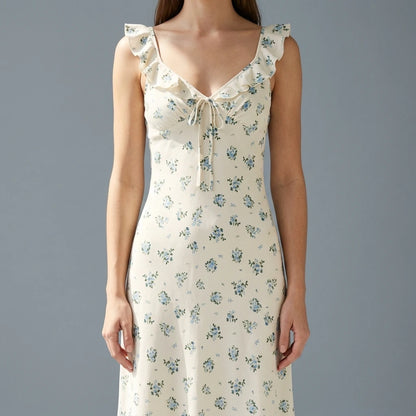 Holiday style floral ruffle edge sleeveless dress — lifestyle