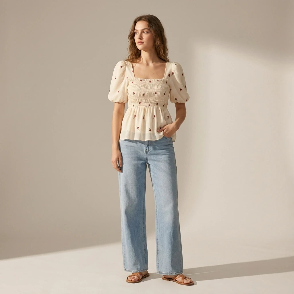 French Style Floral Print Square Collar Bubble Sleeve Slimming Top Short Sleeve Waist Cinched Summer 2026 Fashion Trend — lifestyle_lead