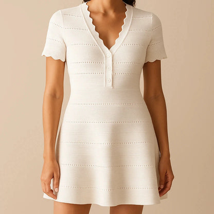 Elegant A-Line Sweater Dress Women's Cut Out V Neck Ribbed Short Sleeve Daily Wear Mini Natural Waist White Polyamide Fall Winter — gallery_04.webp