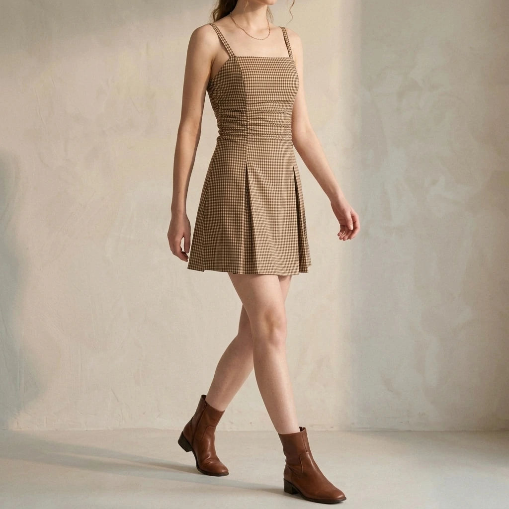 Elegant Ruched Plaid Mini Dress for Women, A-Line Slip, Square Neck, Lace Trim, Sleeveless, Cotton, Daily Summer Occasion, Brown — lifestyle