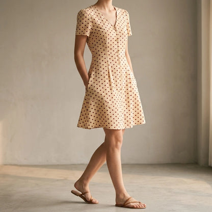 Chic Polka Dot Mini Dress for Women, V Neck, A-Line, Natural Waist, Short Sleeve, Casual Summer Party, Beige Polyester — lifestyle