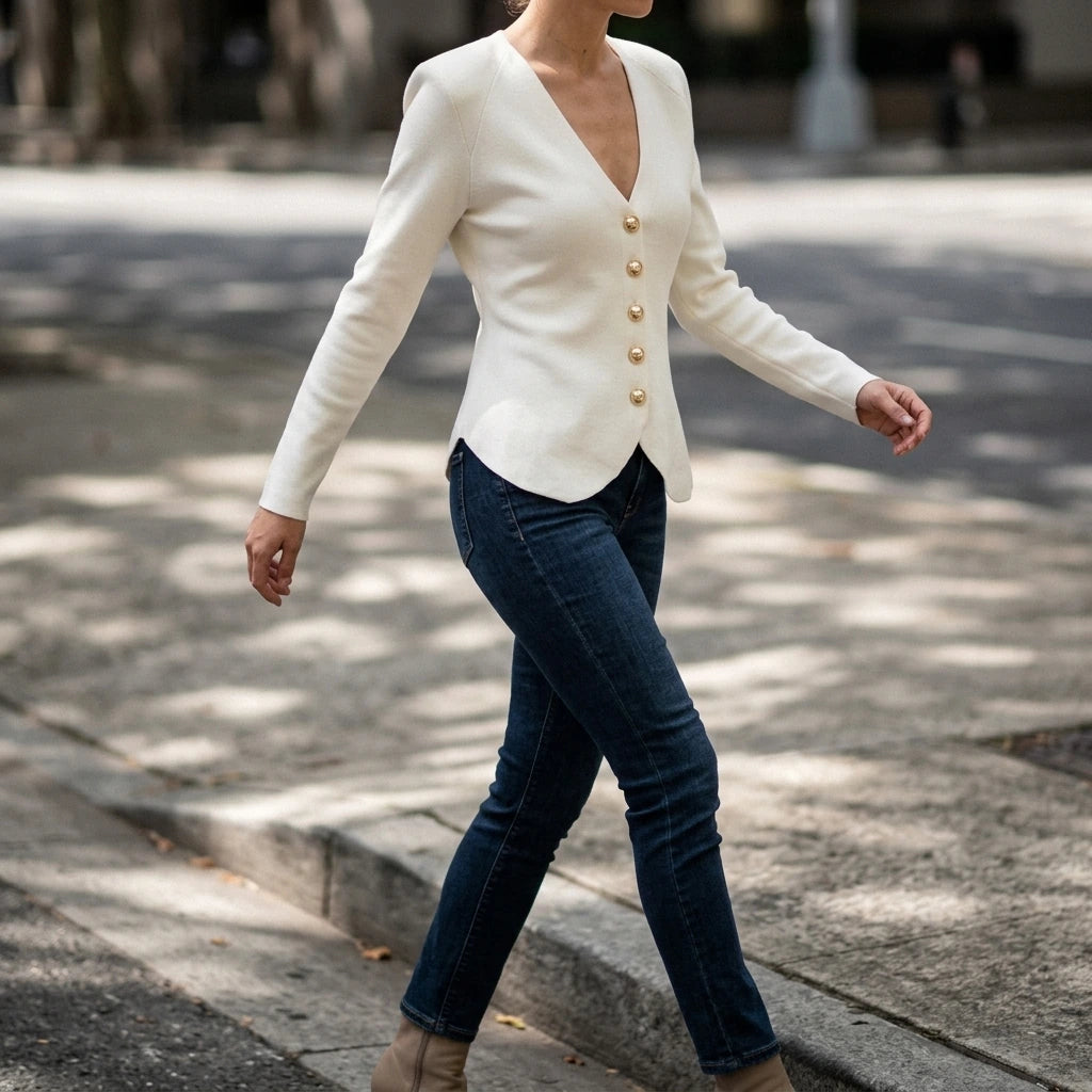 Shoulder padded slim knit jacket — lifestyle