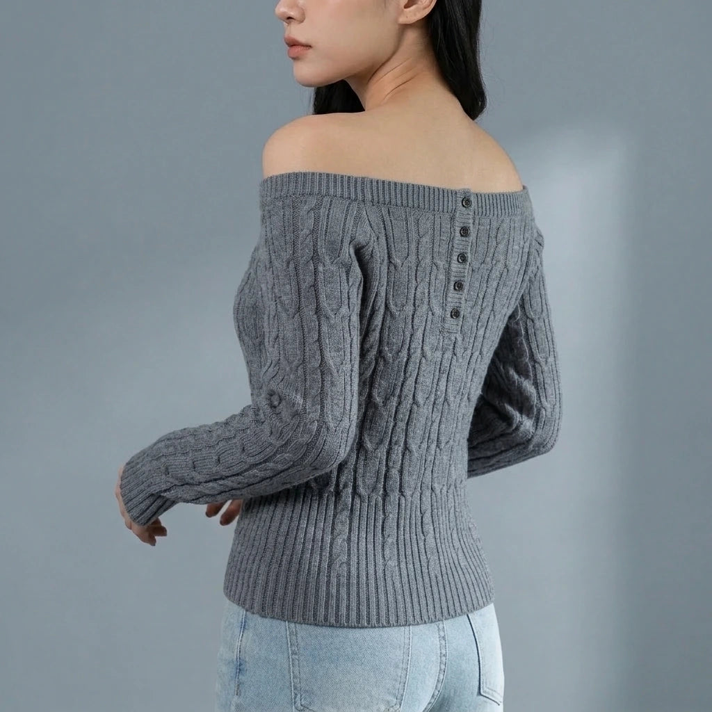 Chunky Knit Off-Shoulder Grey Sweater Top for Women, Long Sleeve, Short Length — variant_front