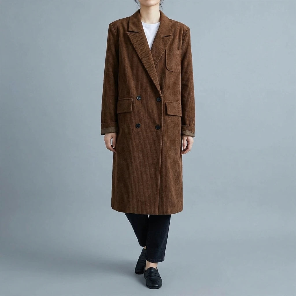 Corduroy blazer women's mid-length over-the-knee spring and autumn British style high-end woolen coat — variant_front