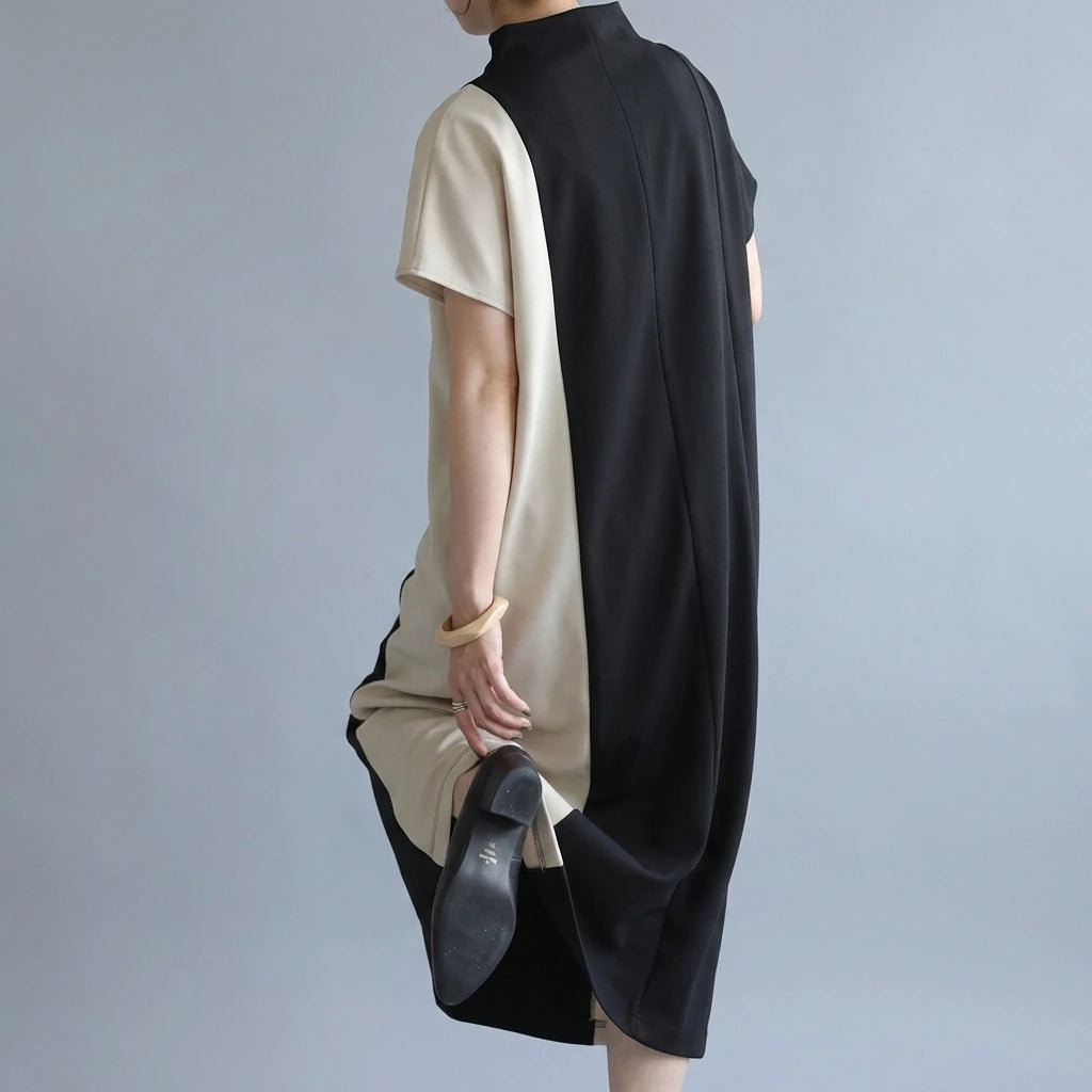 Japanese half turtleneck patchwork long dress — lifestyle
