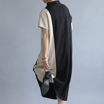 Japanese half turtleneck patchwork long dress — lifestyle