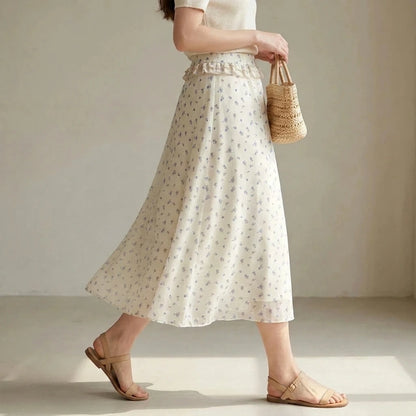 Elegant A-Line Chiffon Midi Skirt for Women, High Waist, Floral Print, Daily Office or Summer Outfits, Beige Polyester No Stretch — lifestyle