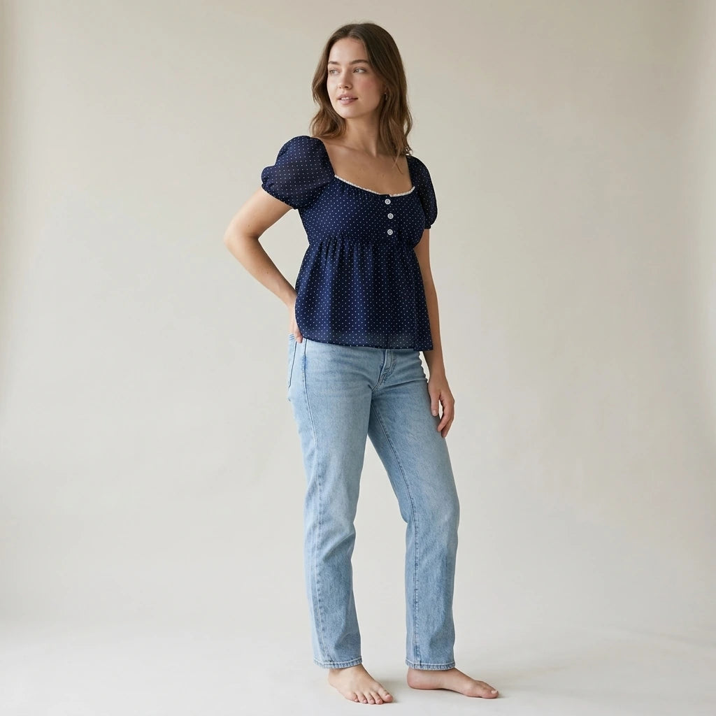 Polka Dot Babydoll Top Women Summer Sweet Korean Puff Short Sleeve Chiffon Blouse Square Neck Summer Vintage Youthful T-shirt — lifestyle