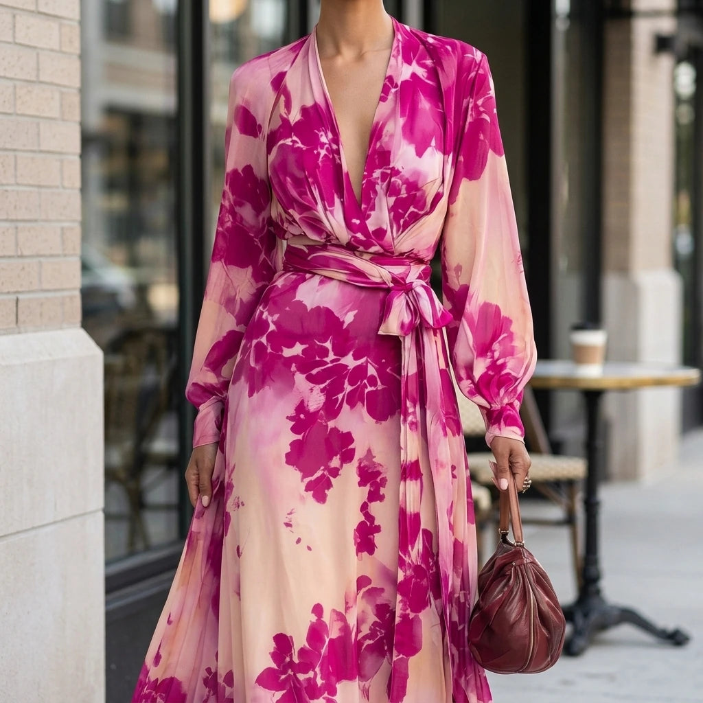 Pink Floral Chiffon Long Sleeve Maxi Dress, V-Neck Tie Waist, Elegant Spring Style — lifestyle