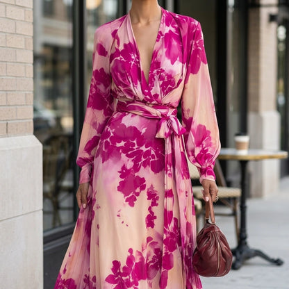 Pink Floral Chiffon Long Sleeve Maxi Dress, V-Neck Tie Waist, Elegant Spring Style — lifestyle