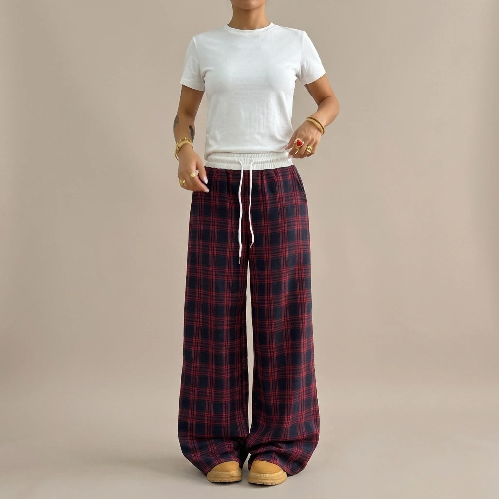 Loose Lazy Style Straight Leg Plaid Patchwork High Waist Drape Casual Sweatpants — variant_front