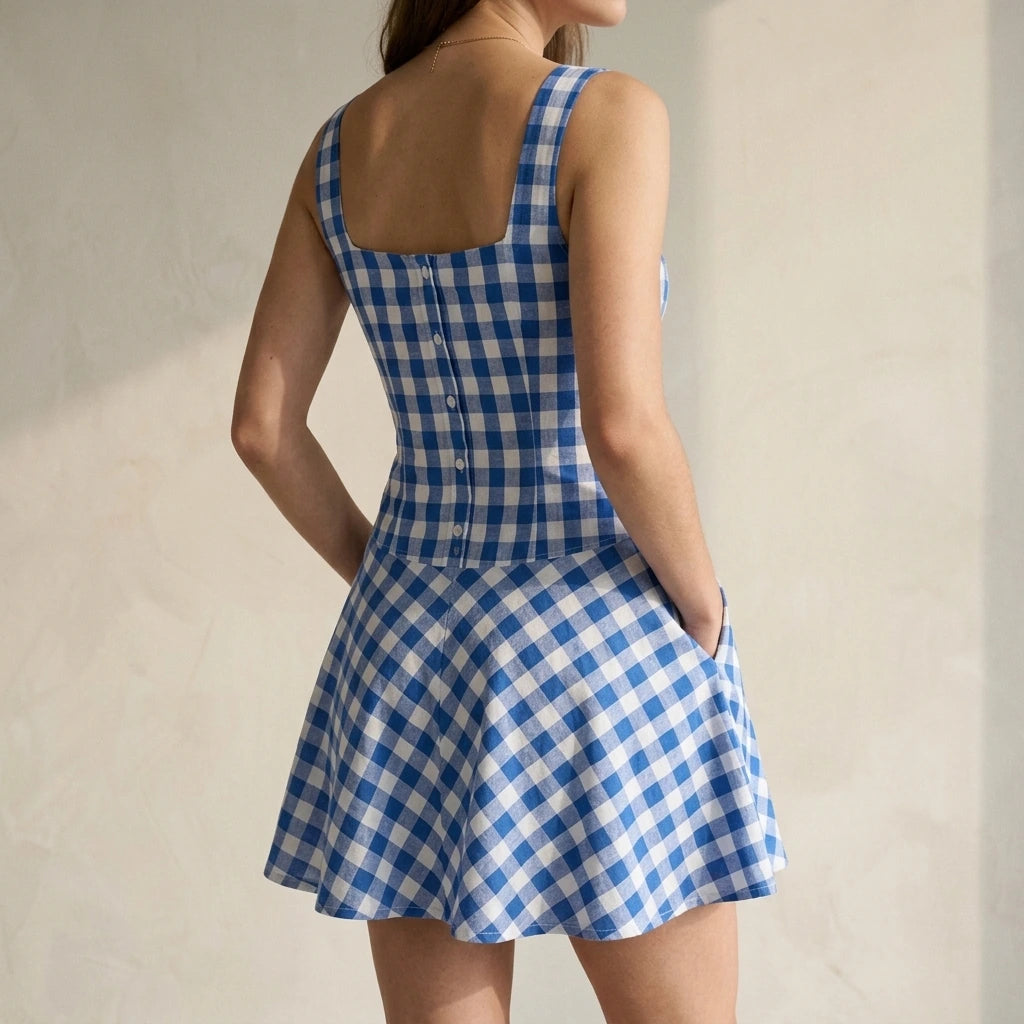Chic Blue Plaid Skater Mini Dress Women’s Slip A-Line Sweetheart Neck Sleeveless Cotton Polyester Casual Summer Outfits — lifestyle_lead