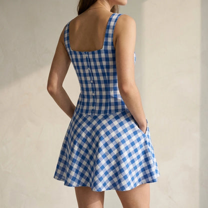 Chic Blue Plaid Skater Mini Dress Women’s Slip A-Line Sweetheart Neck Sleeveless Cotton Polyester Casual Summer Outfits — lifestyle_lead