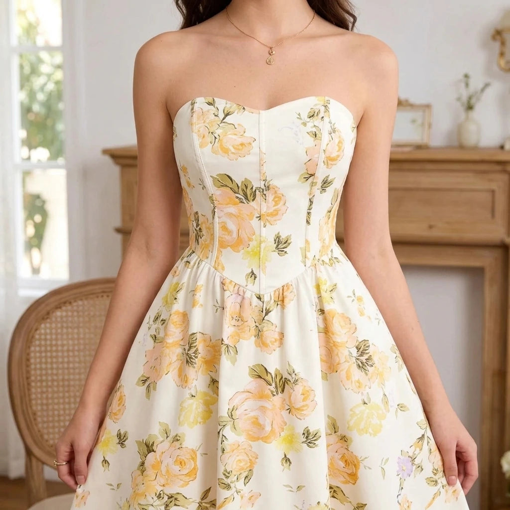 Yellow A-Line Maxi Dress, Sleeveless Printed Long Dress, Low Neckline, Polyester Spandex, Effortless Summer — lifestyle