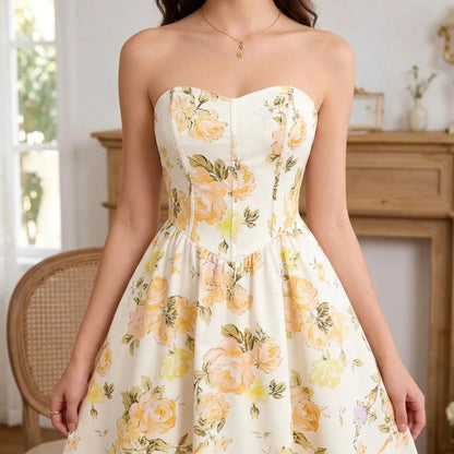 Yellow A-Line Maxi Dress, Sleeveless Printed Long Dress, Low Neckline, Polyester Spandex, Effortless Summer — lifestyle