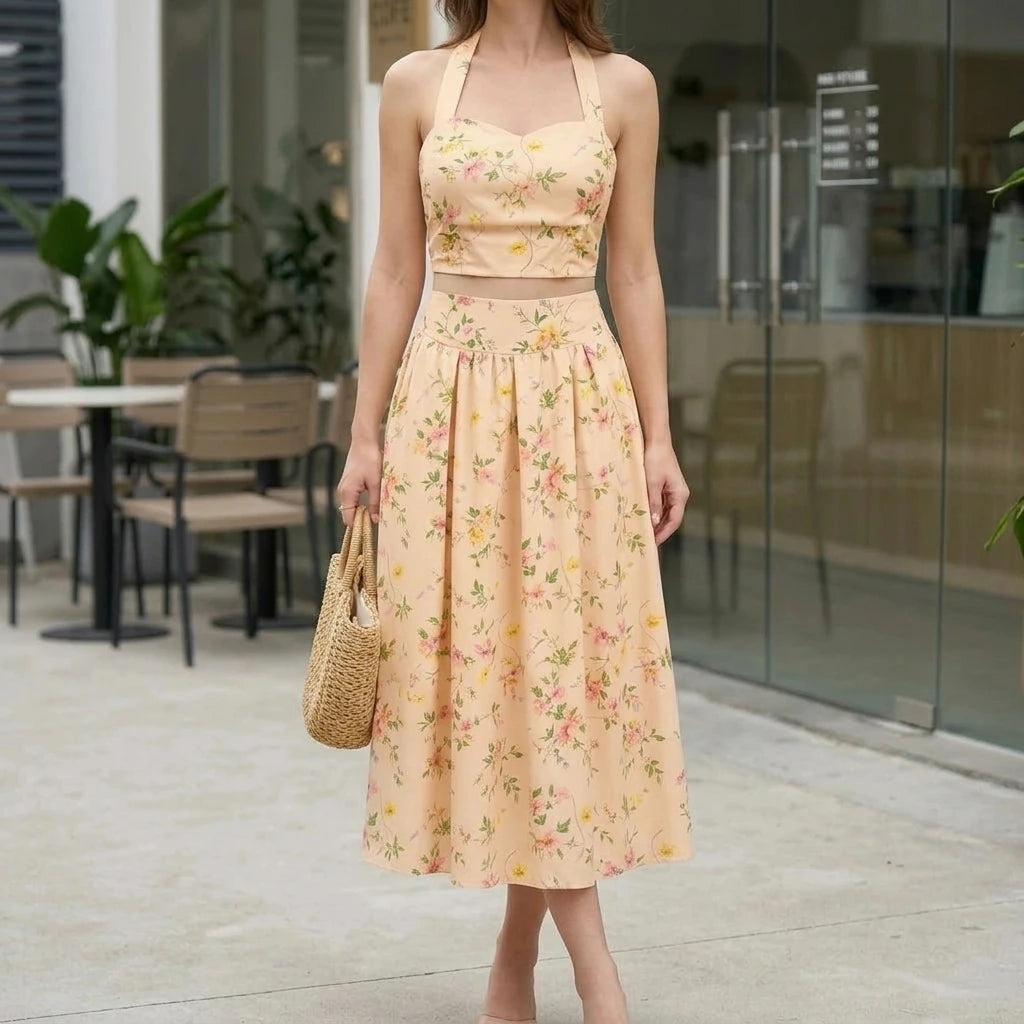 Effortless Floral Shirred Two Piece Skirt Set for Women Casual Daily Wear A-Line Elastic Waist Halter Sleeveless Midi Apricot Polyester Spring Summer — lifestyle_lead