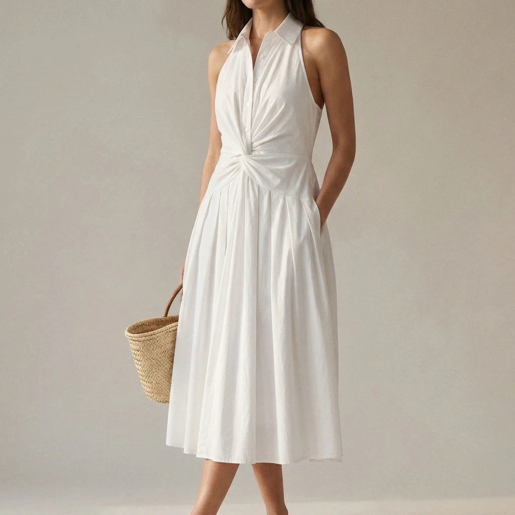 White Shirred Backless Midi Dress Women's High Waist Sleeveless A-Line 50% Viscose Summer Casual Office Wear Wedding Guest White — lifestyle