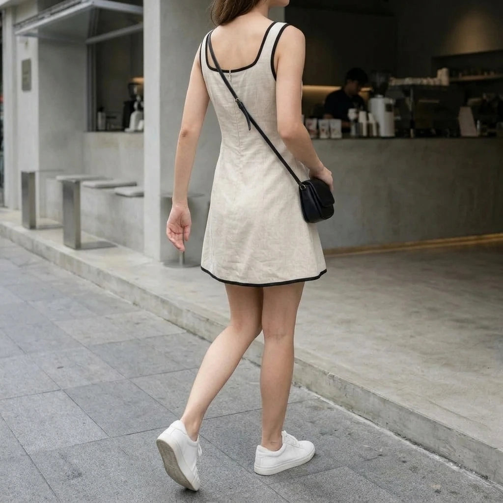 Elegant Beige Sheath Mini Dress for Women, Square Neck, Sleeveless, Contrasting Panels, Daily Office Workwear, Summer A-Line, Polyester Viscose, Natural Waist — lifestyle_lead