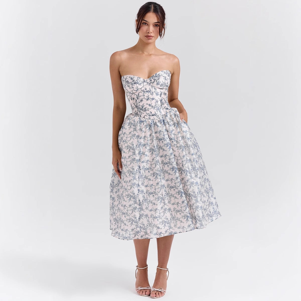 Rose Red Strapless Dress for Women – Sexy Flared Midi Dress, Polyester, Summer Party or Holiday Style