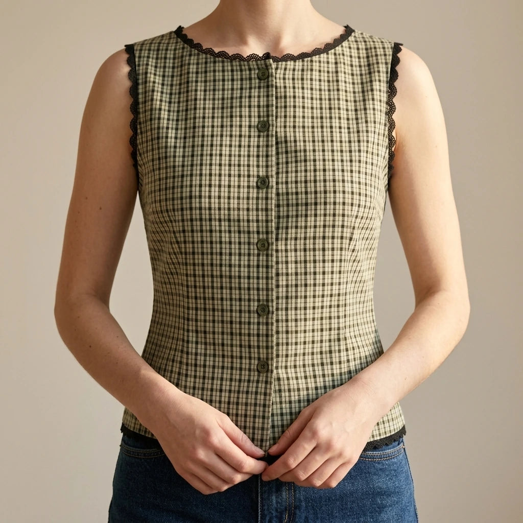 Retro Apricot Plaid Tank Top Women’s Sleeveless Boat Neck Contrast Tie Detail Daily Summer Hip Length Polyester No Stretch — lifestyle
