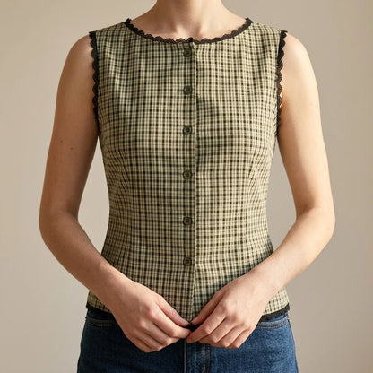 Retro Apricot Plaid Tank Top Women’s Sleeveless Boat Neck Contrast Tie Detail Daily Summer Hip Length Polyester No Stretch — lifestyle