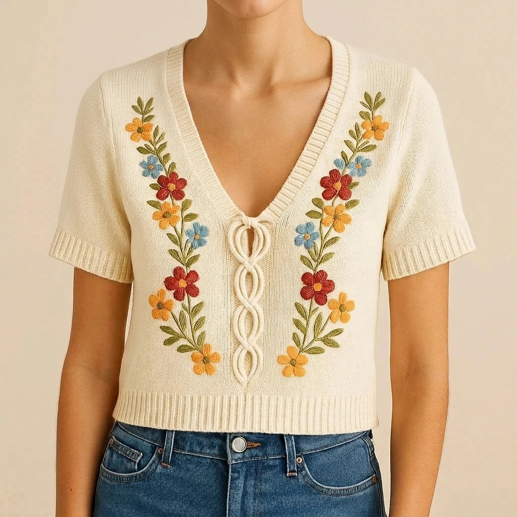 Casual Floral Embroidery Sweater Top Women’s V Neck Short Sleeve Daily Wear Hip Length Medium Stretch Apricot Polyester Spandex Spring Summer — lifestyle_lead