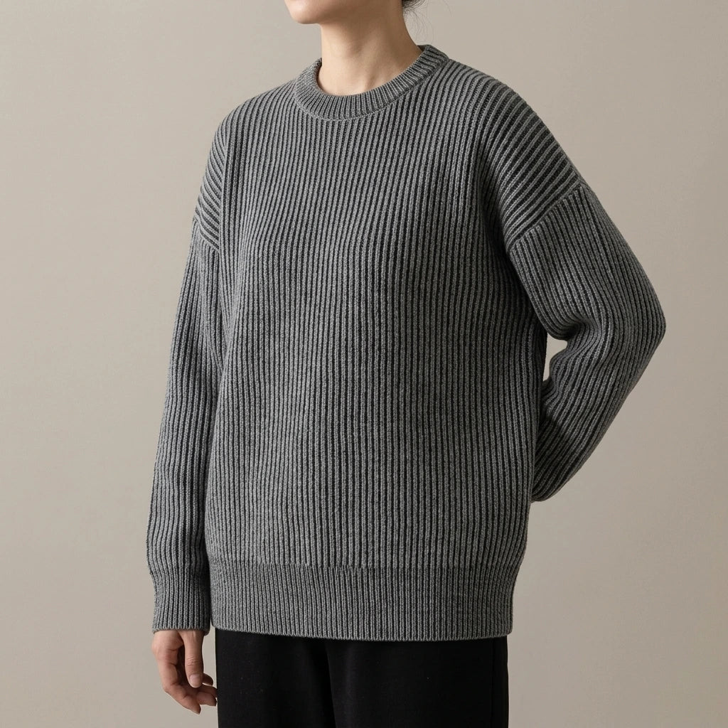 Simple Solid Color Distressed Chunky Knit Crewneck Loose Pullover Sweater — variant_front