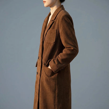 Corduroy blazer women's mid-length over-the-knee spring and autumn British style high-end woolen coat — lifestyle