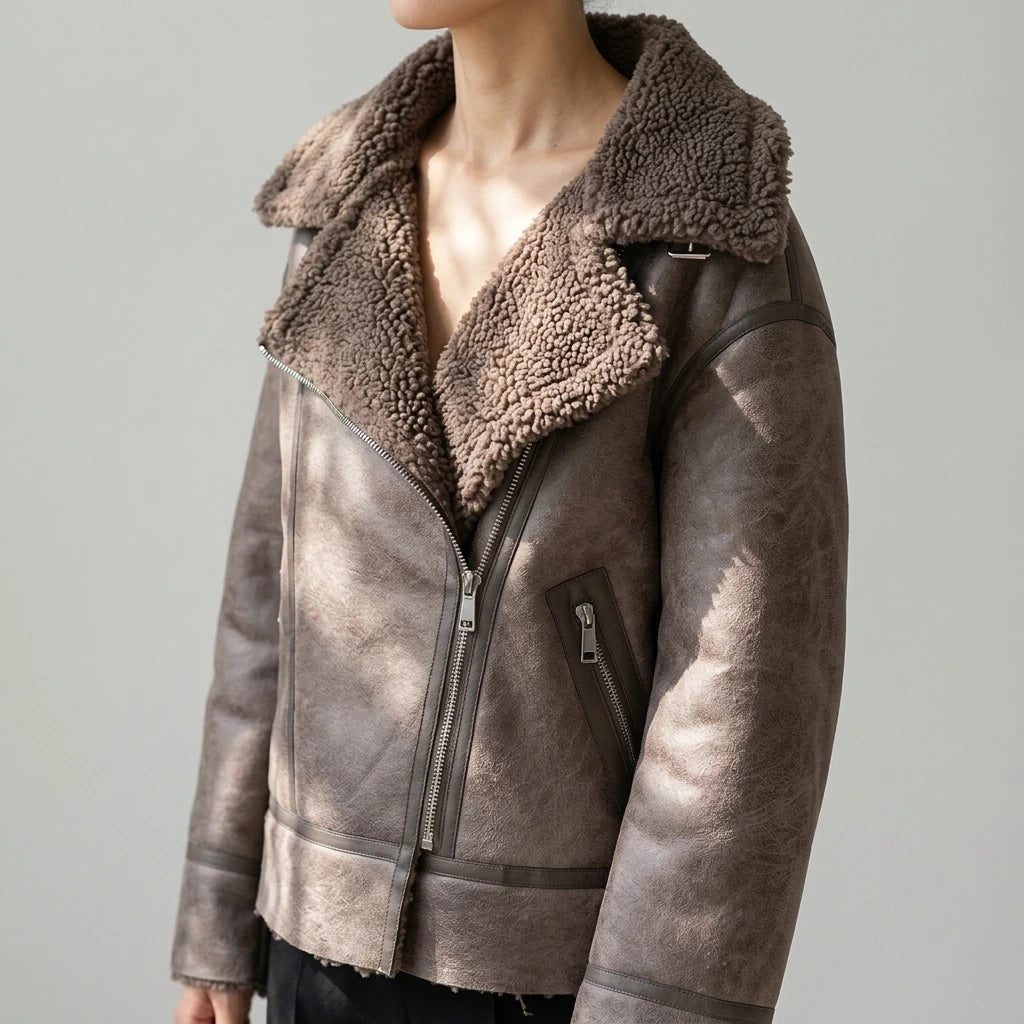 Women's Faux Shearling Long Sleeve Stand-Up Collar Reversible Jacket Coat — lifestyle_lead