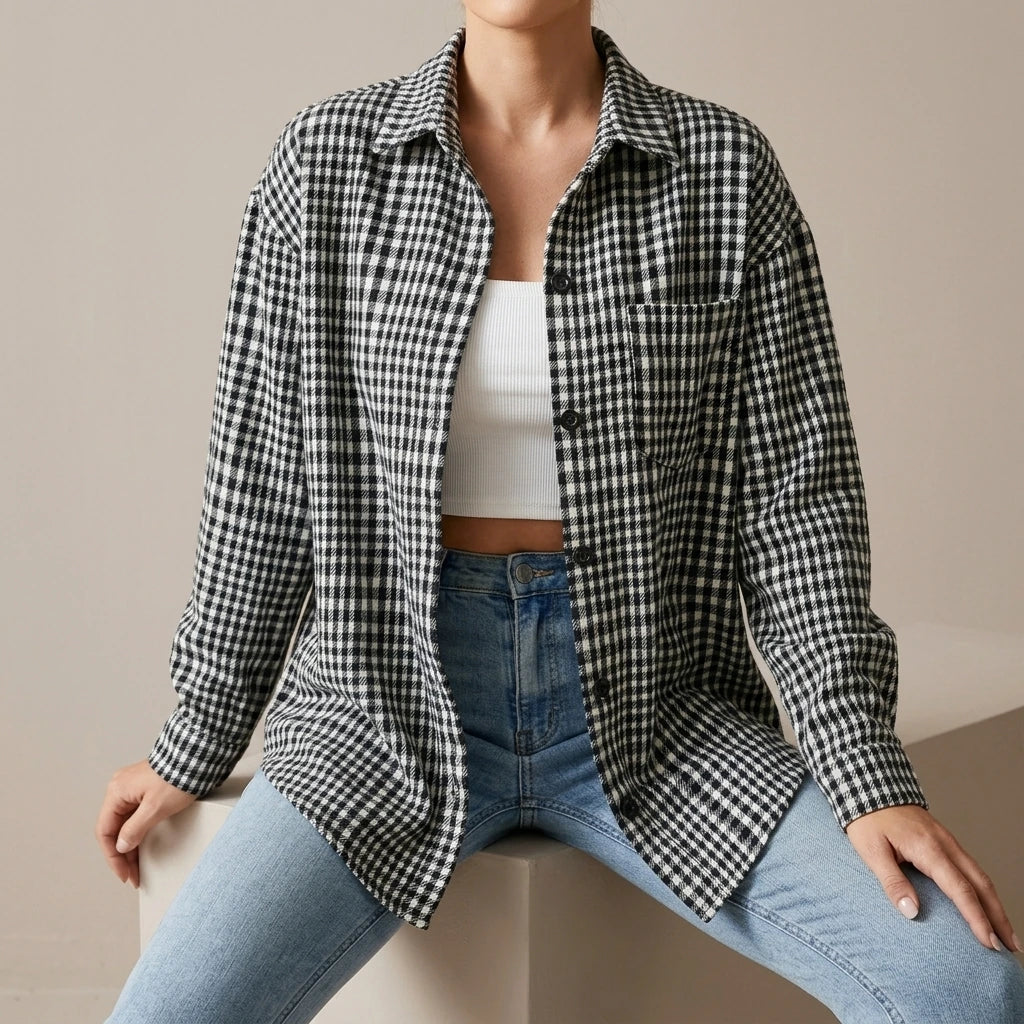Thousand bird plaid button down flannel shirt — lifestyle