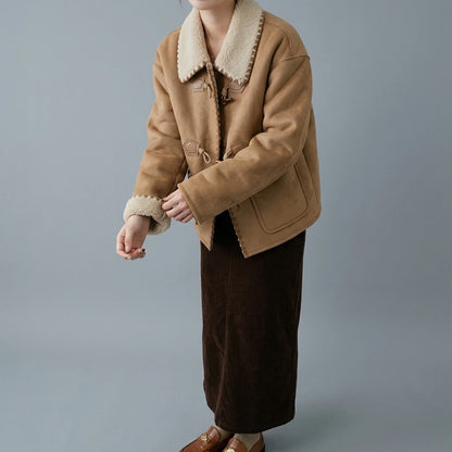 Faux Suede Shearling Coat for Women Winter Short Length Thickened One-Piece Fur and Leather Jacket — lifestyle