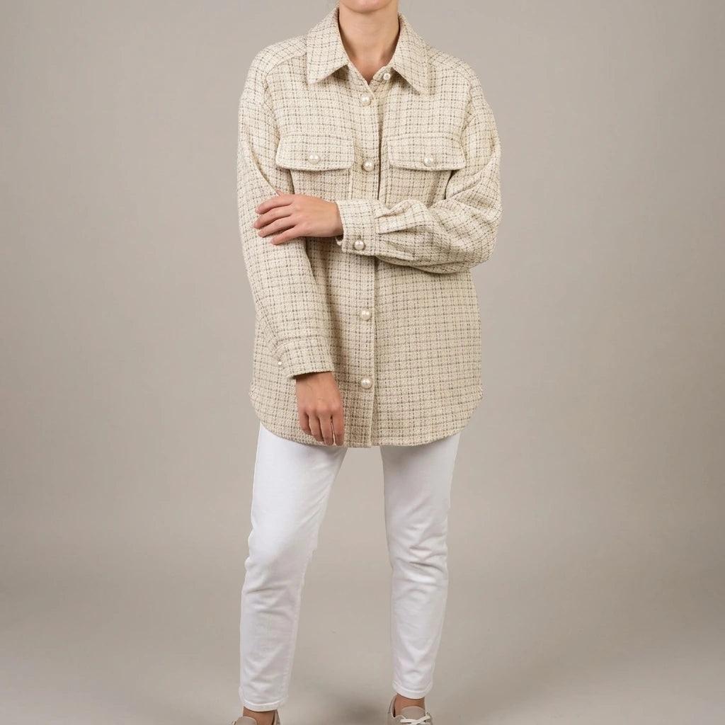 Women Blazer Tweed Shirts Plaid Oversized Jacket Casual Button Up Jacket Ladies Long Sleeve Women Casual Blazer Tops Beige Shirt — lifestyle