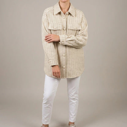 Women Blazer Tweed Shirts Plaid Oversized Jacket Casual Button Up Jacket Ladies Long Sleeve Women Casual Blazer Tops Beige Shirt — lifestyle