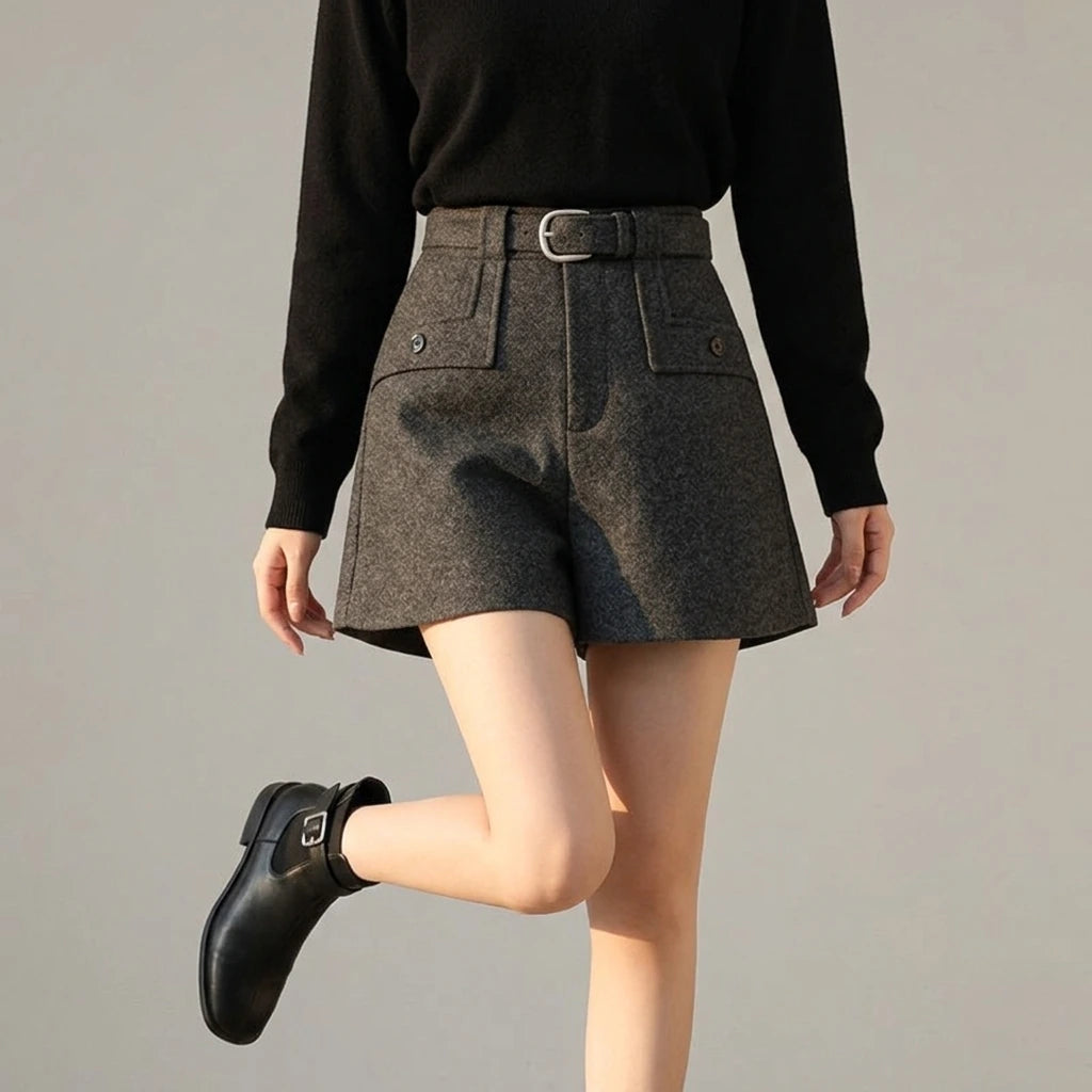 Solid Color Casual Shorts for Women High Waist Woolen — variant_front