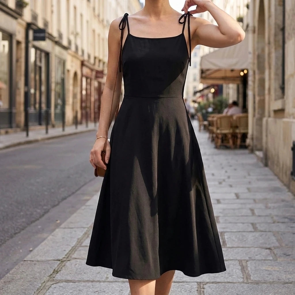 Black French Bow Flute Midi Dress, V-Neck Strapless, Sleeveless High Waist, Elegant Summer Polyester — lifestyle_lead