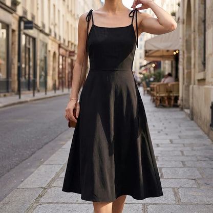 Black French Bow Flute Midi Dress, V-Neck Strapless, Sleeveless High Waist, Elegant Summer Polyester — lifestyle_lead