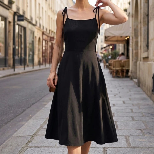 Black French Bow Flute Midi Dress, V-Neck Strapless, Sleeveless High Waist, Elegant Summer Polyester — lifestyle_lead