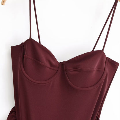 Dark Red Wrinkled Corset Dress for Women, Long Sleeveless Summer Dress, Pullover Polyester, Effortless Style