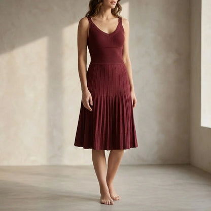 Retro Sleeveless Sweater Dress for Women, Ruched Sheath Slip Knit, Daily Party Summer Midi, Wine Red, 50% Viscose, Medium Stretch — lifestyle_lead
