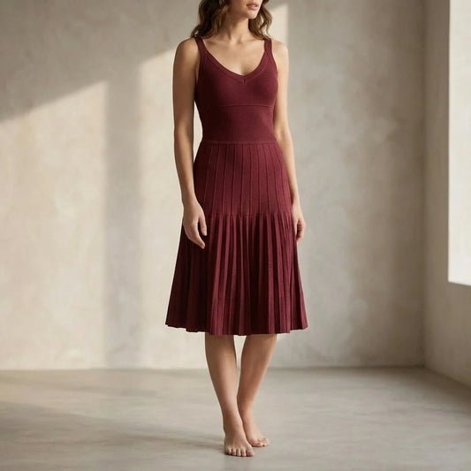 Retro Sleeveless Sweater Dress for Women, Ruched Sheath Slip Knit, Daily Party Summer Midi, Wine Red, 50% Viscose, Medium Stretch — lifestyle_lead