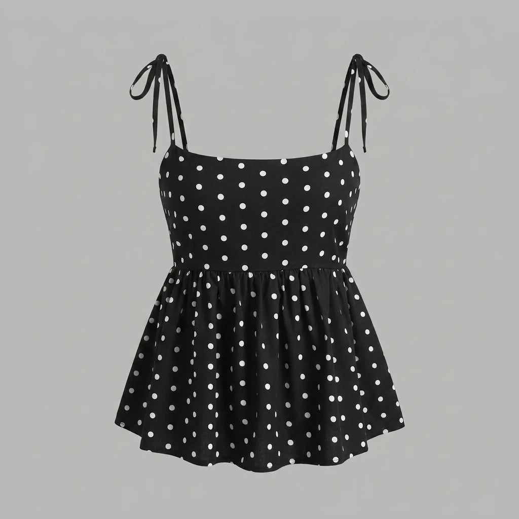 Women's Polka Dot Crop Cami With Spaghetti Straps And Flared Hem Polka Dot Camisole Babydoll Top Babydoll Tops Polkadot Top Cute — variant_front