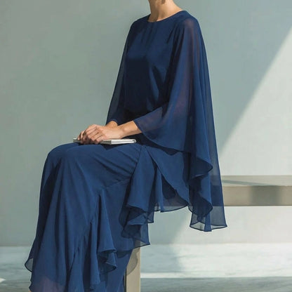 Deep Blue Ruffle Pants Set, Wide Leg Two Piece Outfit, Batwing Long Sleeve Top, Elegant Polyester — lifestyle_lead