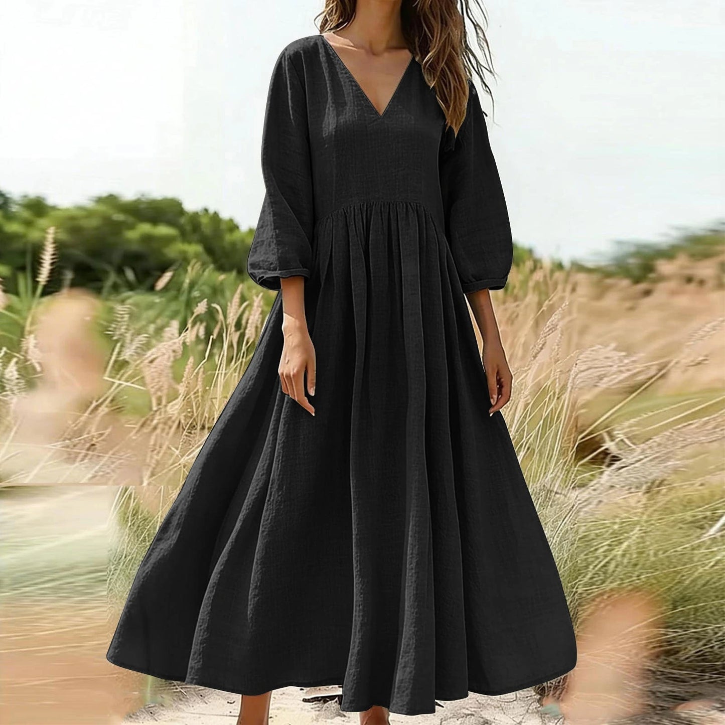 Black V-Neck Long Pleated Dress, Cotton Linen Loose Fit, Three-Quarter Sleeve, Casual Spring — variant_front