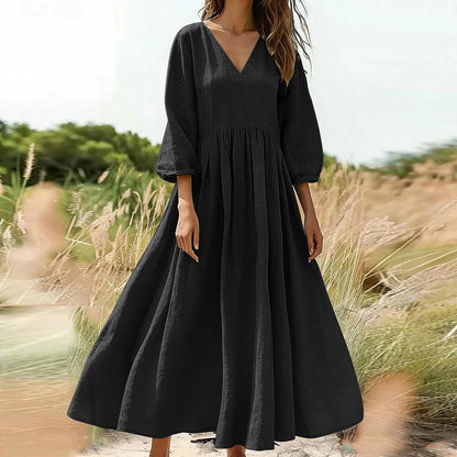 Black V-Neck Long Pleated Dress, Cotton Linen Loose Fit, Three-Quarter Sleeve, Casual Spring — variant_front