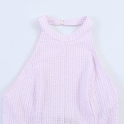 Plaid Long Summer Dress, Hanging Neck Sleeveless Maxi, Elastic Patchwork Casual Style, Polyester