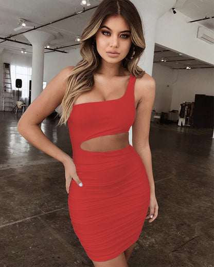 Sexy Summer Oblique Shoulder Mini Dress for Women, Stretch Polyester, Ruched Bodycon Party Dress, New Collection