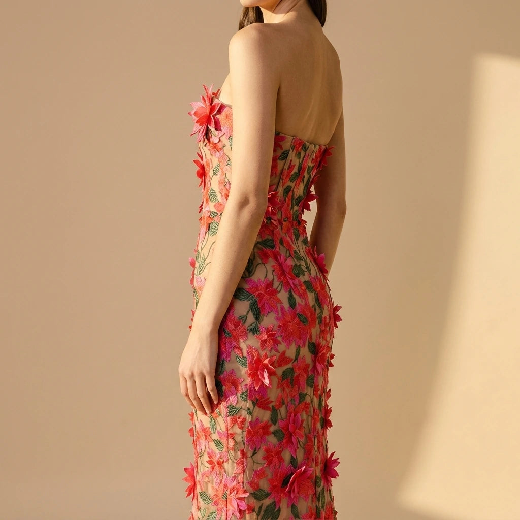 Elegant Vintage Party Mini Dress withFloral Embroidery Women's Strapless Dress — lifestyle